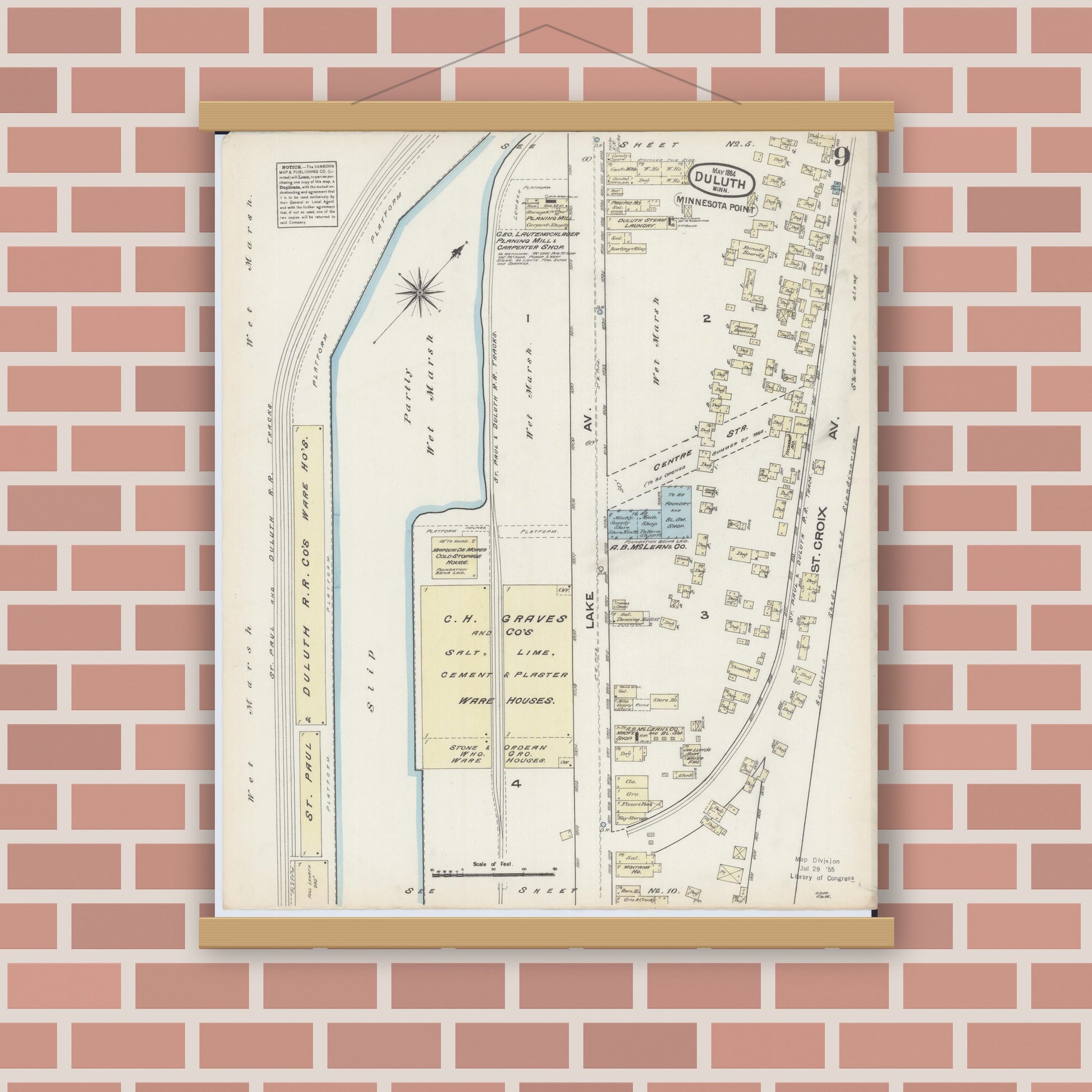 Old map wall art mockup — magnetic wood frame on brick wall — Sanborn Fire Insurance Map from Duluth, Saint Louis County, Minnesota (1884), Sheet #0009