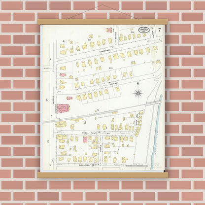 Old map wall art mockup — magnetic wood frame on brick wall — Sanborn Fire Insurance Map from Conneaut, Ashtabula County, Ohio (1909), Sheet #0007