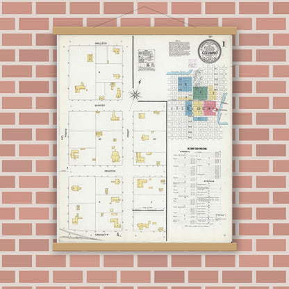 Old map wall art mockup — magnetic wood frame on brick wall — Sanborn Fire Insurance Map from Columbus, Colorado County, Texas (1906) - Complete Map Set