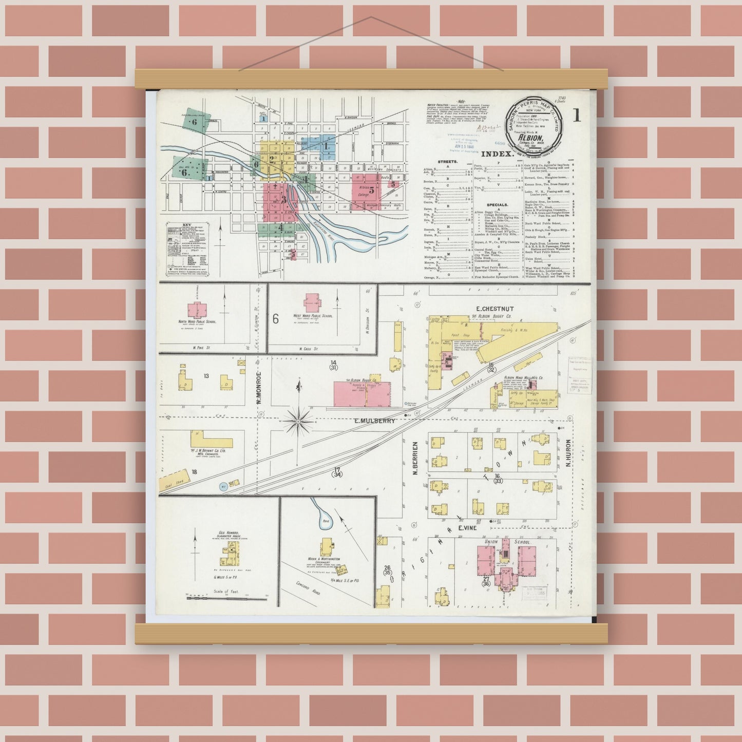 Old map wall art mockup — magnetic wood frame on brick wall — Sanborn Fire Insurance Map from Albion, Calhoun County, Michigan (1900), Sheet #0001