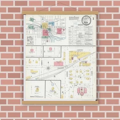 Old map wall art mockup — magnetic wood frame on brick wall — Sanborn Fire Insurance Map from Albion, Calhoun County, Michigan (1900), Sheet #0001