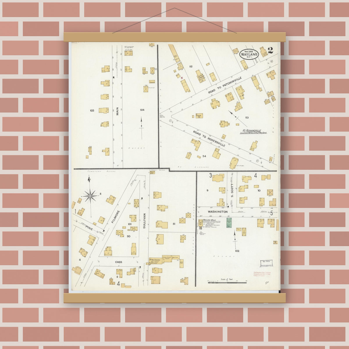 Old map wall art mockup — magnetic wood frame on brick wall — Sanborn Fire Insurance Map from Wayland, Steuben County, New York (1908), Sheet #0002