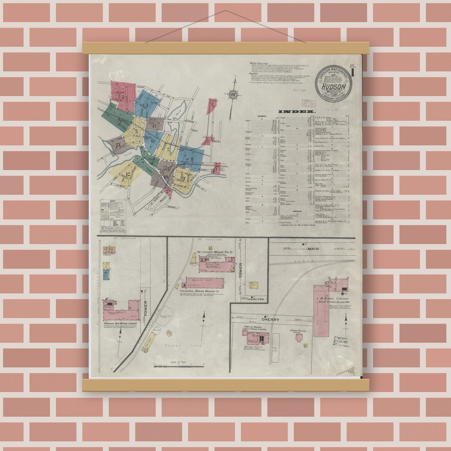 Old map wall art mockup — magnetic wood frame on brick wall — Sanborn Fire Insurance Map from Hudson, Middlesex County, Massachusetts (1909) - Complete Map Set