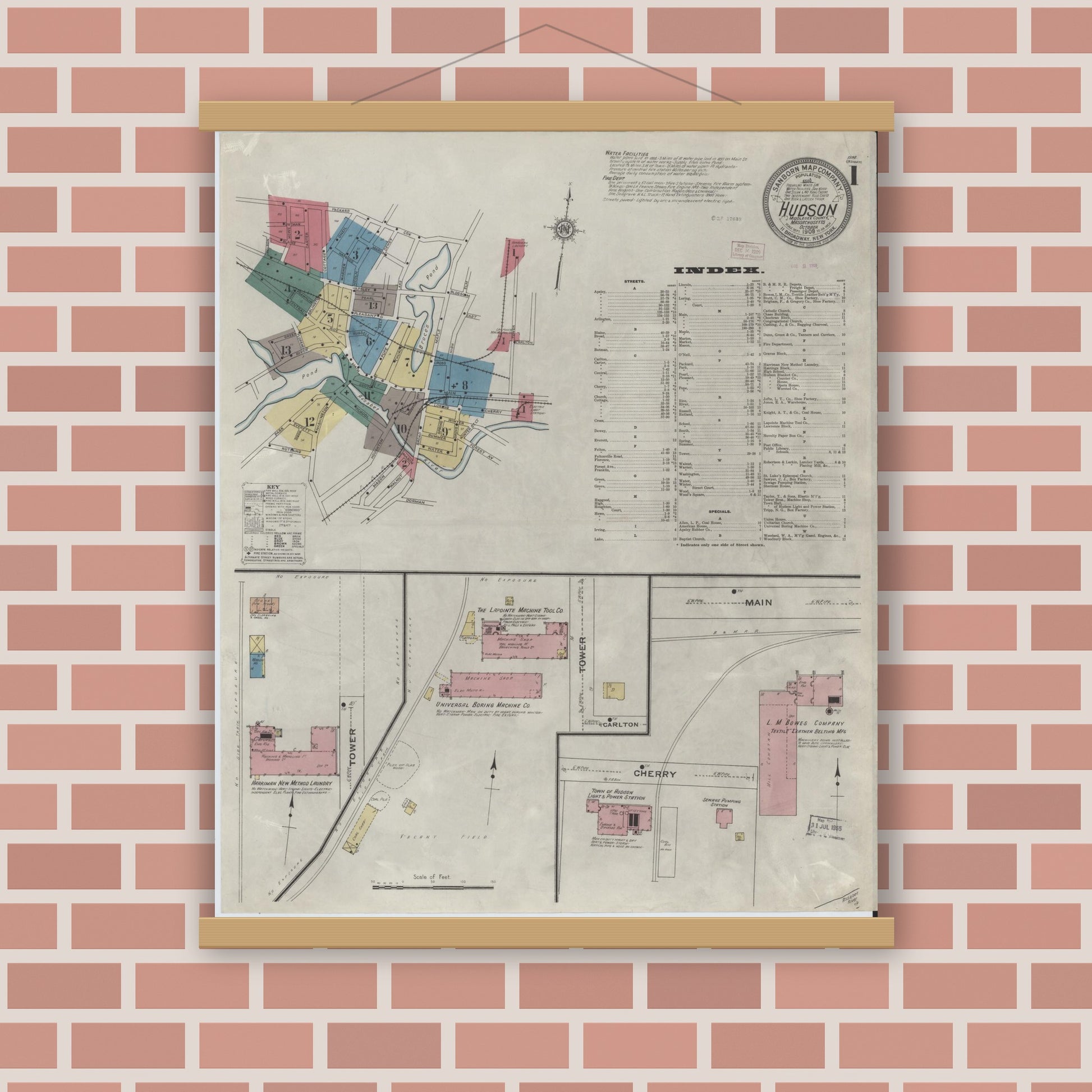 Old map wall art mockup — magnetic wood frame on brick wall — Sanborn Fire Insurance Map from Hudson, Middlesex County, Massachusetts (1909) - Complete Map Set