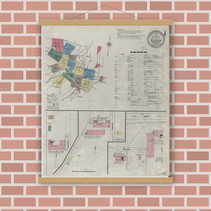 Old map wall art mockup — magnetic wood frame on brick wall — Sanborn Fire Insurance Map from Hudson, Middlesex County, Massachusetts (1909) - Complete Map Set
