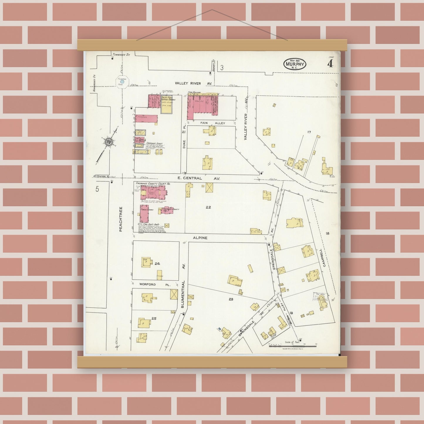 Old map wall art mockup — magnetic wood frame on brick wall — Sanborn Fire Insurance Map from Murphy, Cherokee County, North Carolina (1921), Sheet #0004