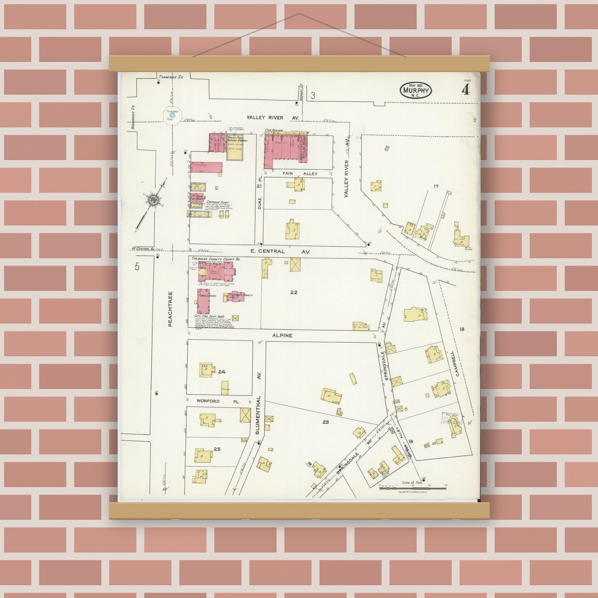 Old map wall art mockup — magnetic wood frame on brick wall — Sanborn Fire Insurance Map from Murphy, Cherokee County, North Carolina (1921), Sheet #0004