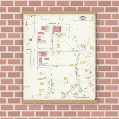 Old map wall art mockup — magnetic wood frame on brick wall — Sanborn Fire Insurance Map from Murphy, Cherokee County, North Carolina (1921), Sheet #0004
