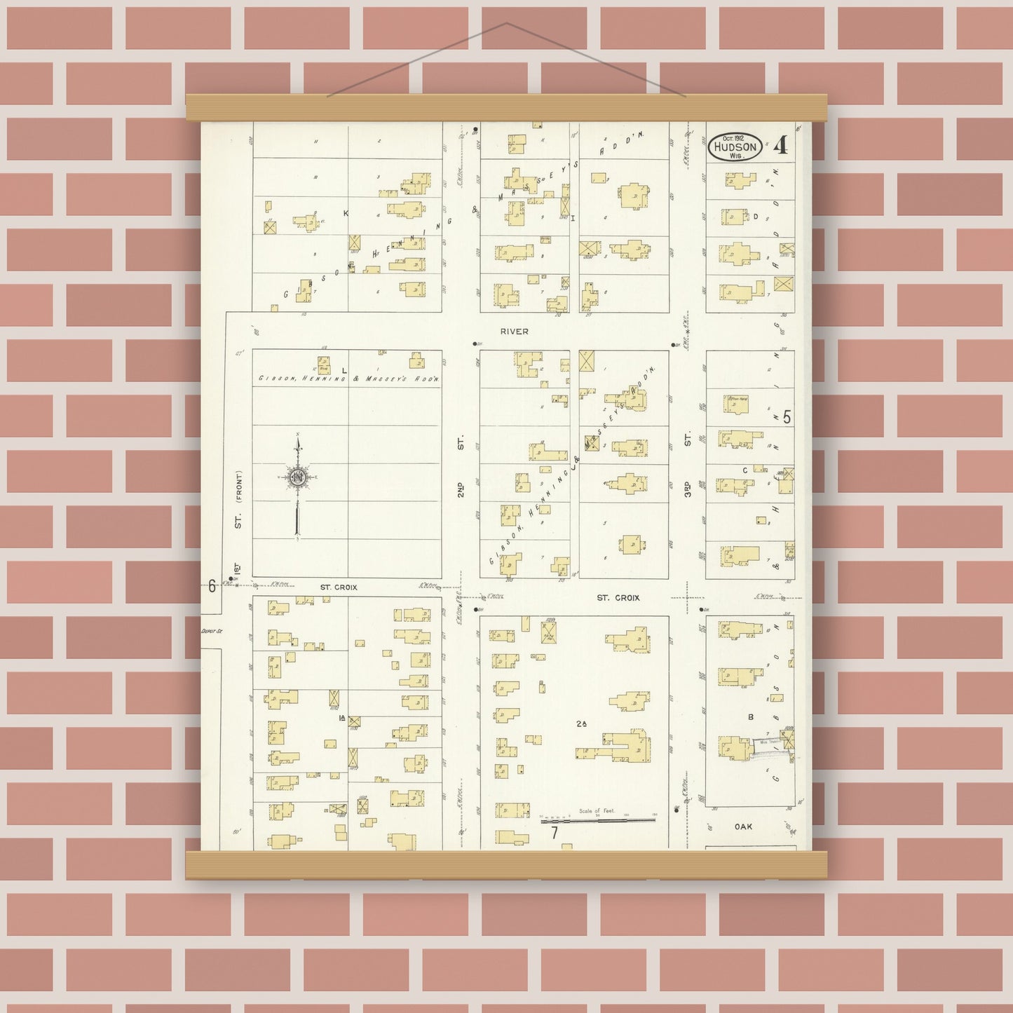 Old map wall art mockup — magnetic wood frame on brick wall — Sanborn Fire Insurance Map from Hudson, St. Croix County, Wisconsin (1912), Sheet #0004