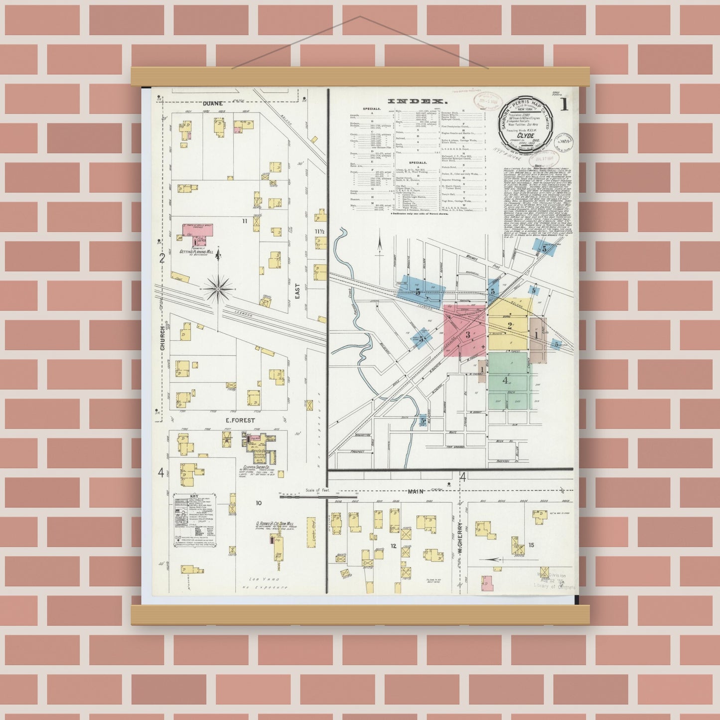 Old map wall art mockup — magnetic wood frame on brick wall — Sanborn Fire Insurance Map from Clyde, Sandusky County, Ohio (1899), Sheet #0001