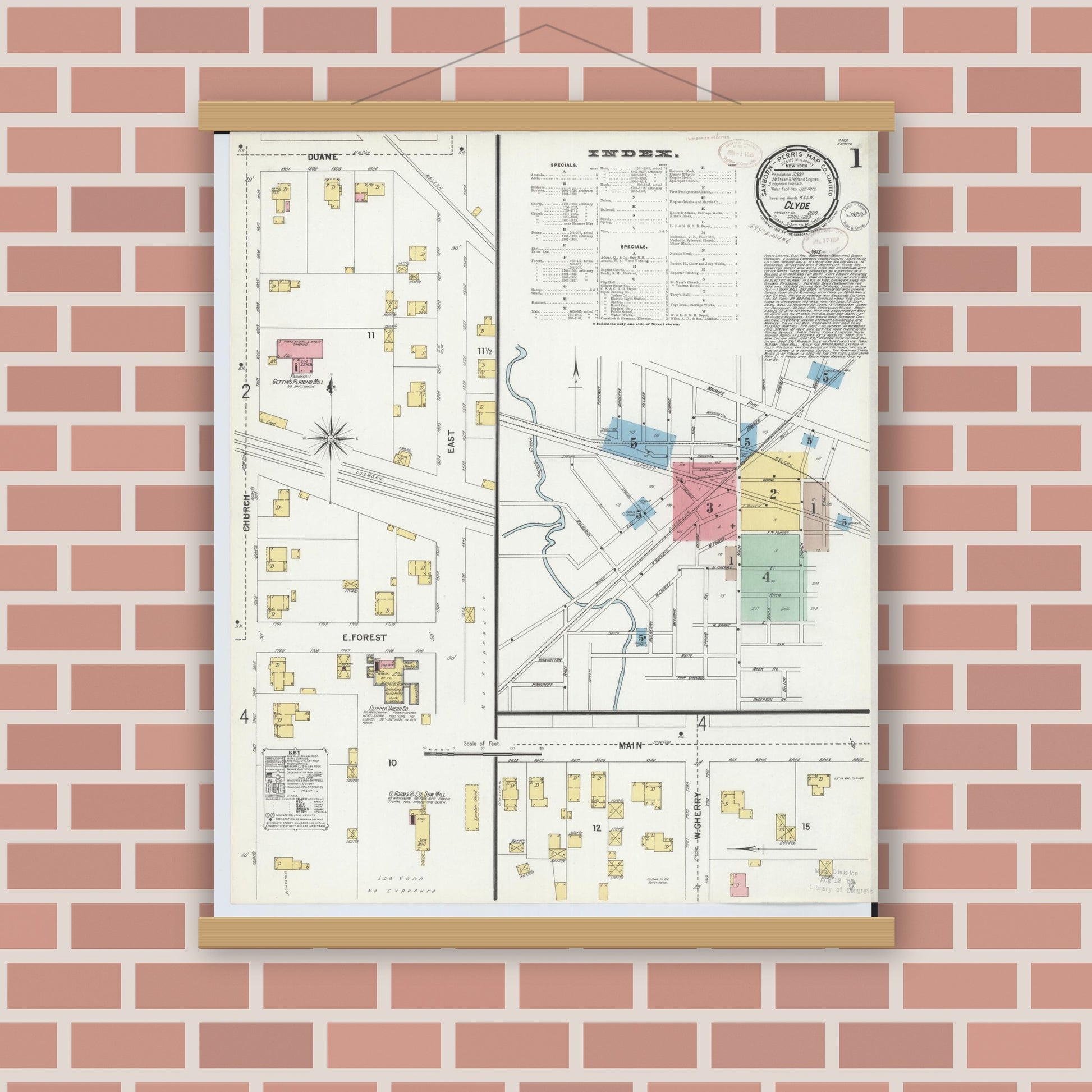 Old map wall art mockup — magnetic wood frame on brick wall — Sanborn Fire Insurance Map from Clyde, Sandusky County, Ohio (1899), Sheet #0001