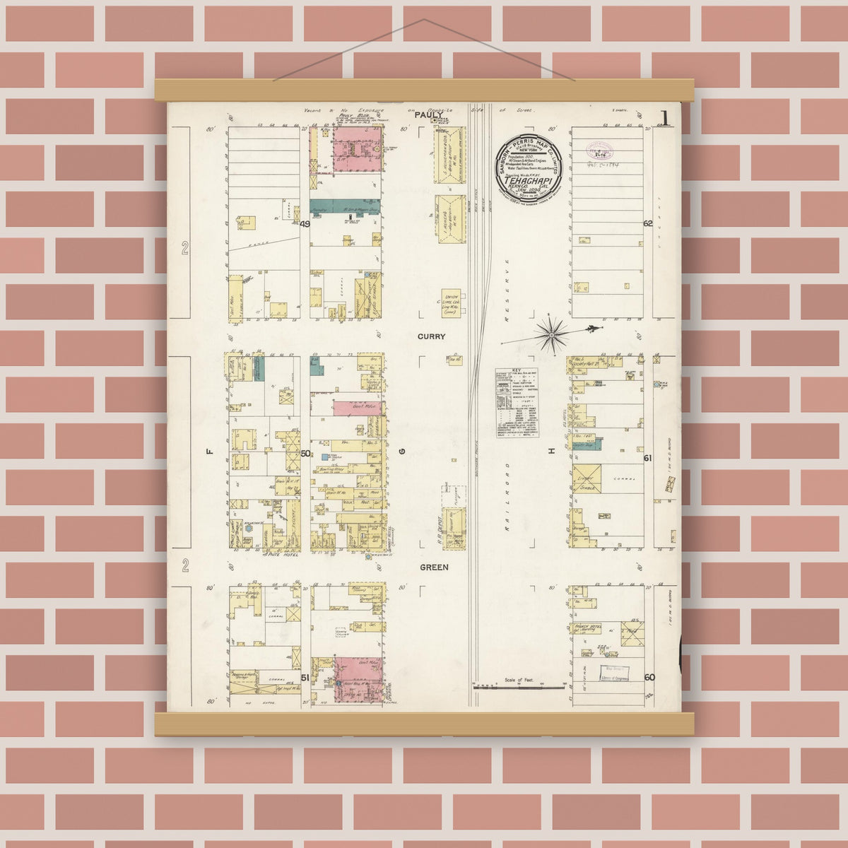 Old map wall art mockup — magnetic wood frame on brick wall — Sanborn Fire Insurance Map from Tehachapi, Kern County, California (1894) - Complete Map Set