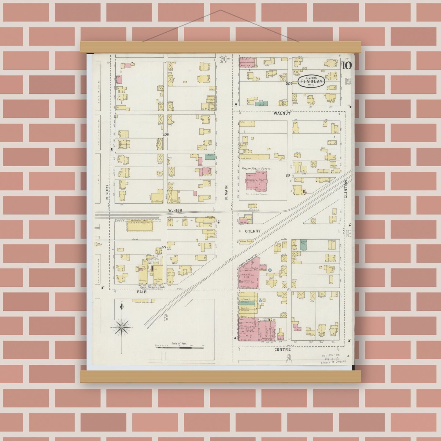 Old map wall art mockup — magnetic wood frame on brick wall — Sanborn Fire Insurance Map from Findlay, Hancock County, Ohio (1895), Sheet #0010