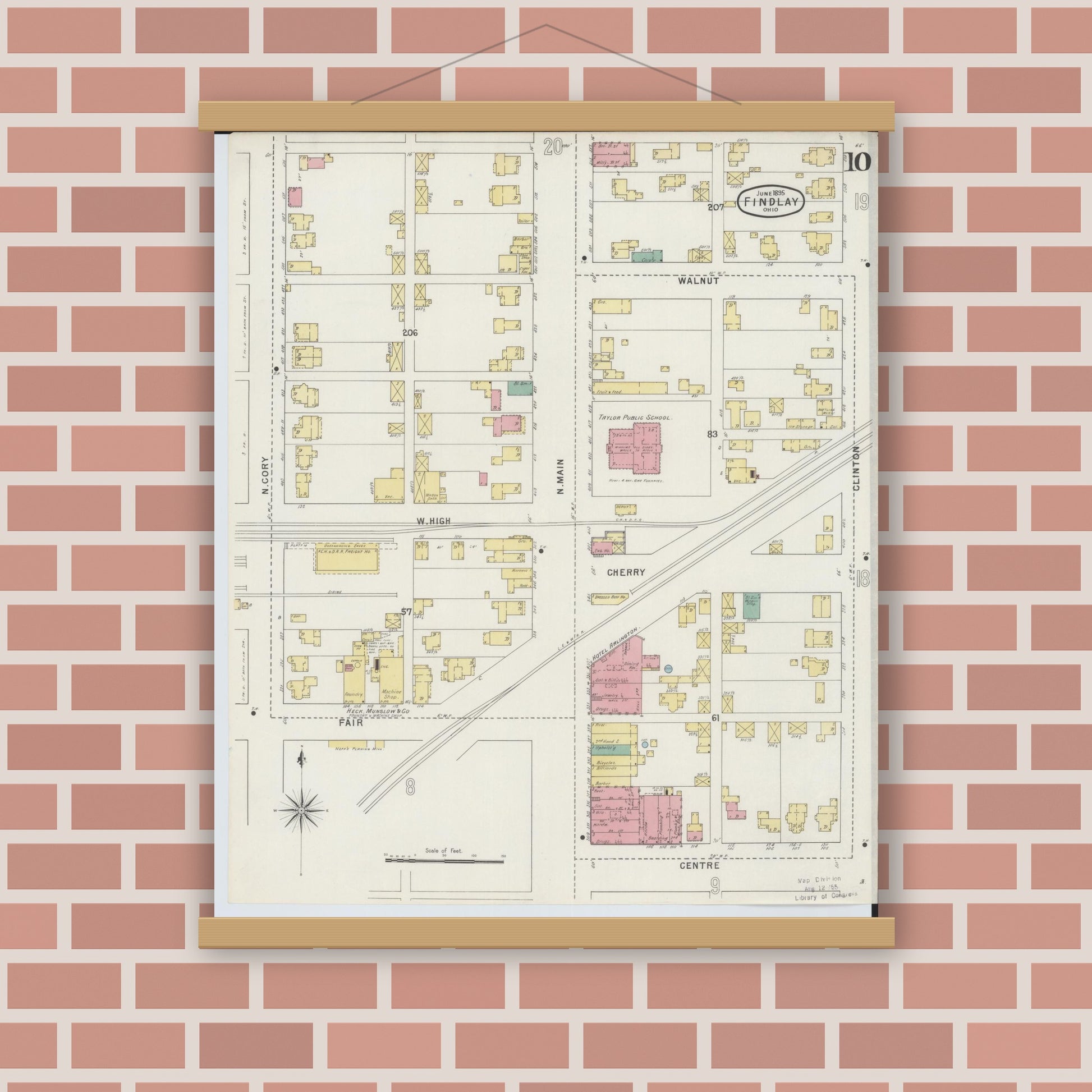 Old map wall art mockup — magnetic wood frame on brick wall — Sanborn Fire Insurance Map from Findlay, Hancock County, Ohio (1895), Sheet #0010