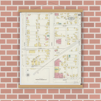 Old map wall art mockup — magnetic wood frame on brick wall — Sanborn Fire Insurance Map from Findlay, Hancock County, Ohio (1895), Sheet #0010