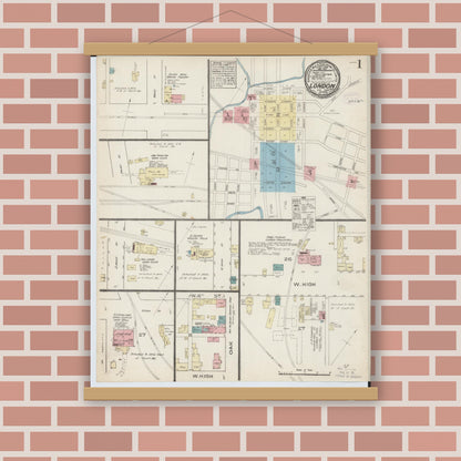 Old map wall art mockup — magnetic wood frame on brick wall — Sanborn Fire Insurance Map from London, Madison County, Ohio (1885) - Complete Map Set