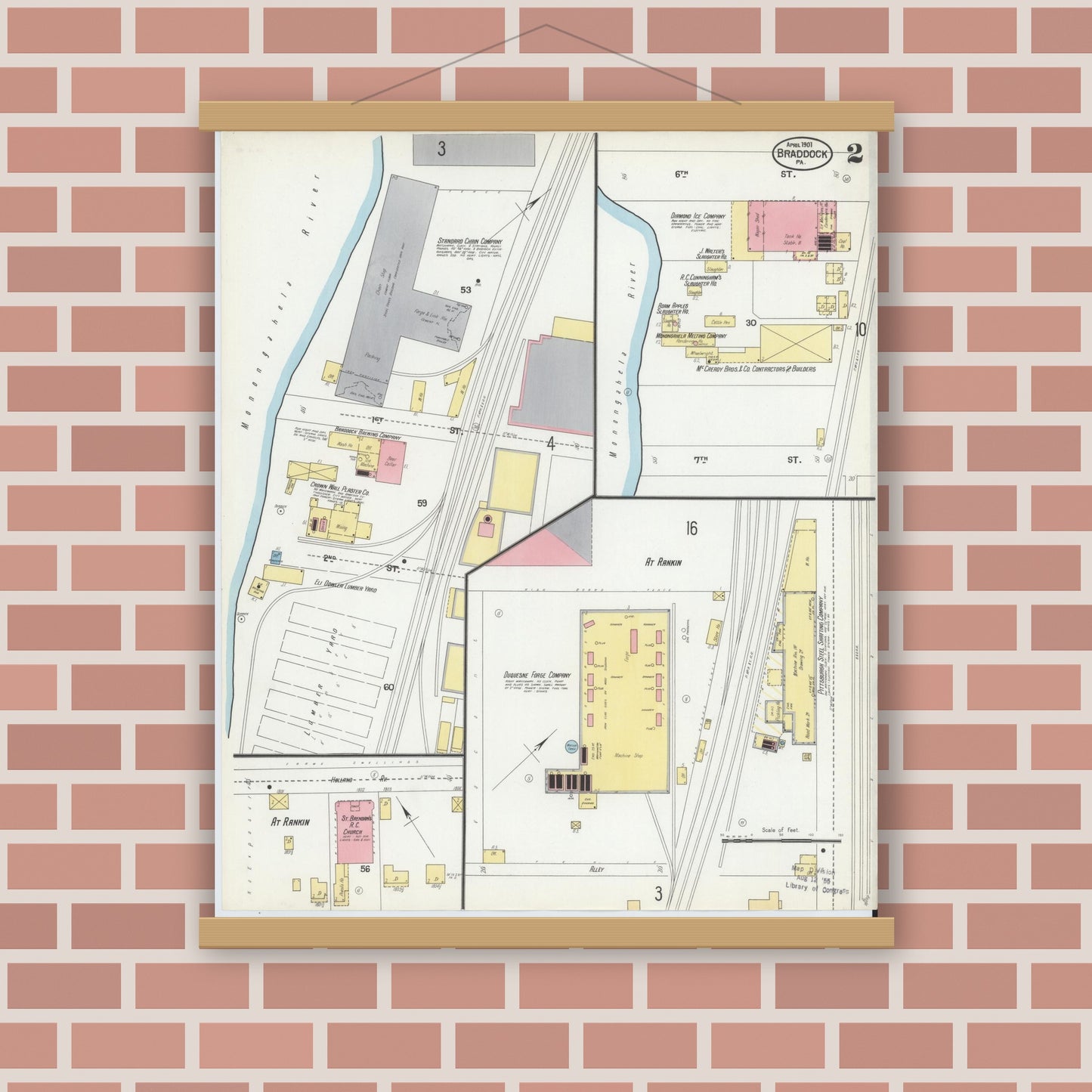 Old map wall art mockup — magnetic wood frame on brick wall — Sanborn Fire Insurance Map from Braddock, Allegheny County, Pennsylvania (1901), Sheet #0002
