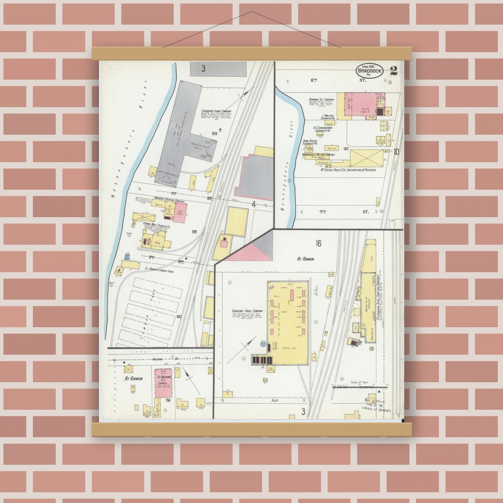Old map wall art mockup — magnetic wood frame on brick wall — Sanborn Fire Insurance Map from Braddock, Allegheny County, Pennsylvania (1901), Sheet #0002