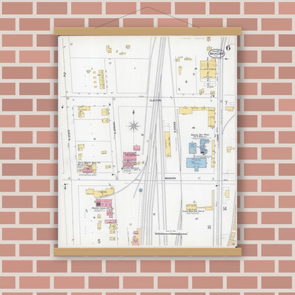 Old map wall art mockup — magnetic wood frame on brick wall — Sanborn Fire Insurance Map from Waukegan, Lake County, Illinois (1900), Sheet #0006