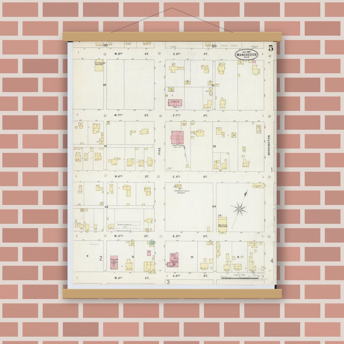 Old map wall art mockup — magnetic wood frame on brick wall — Sanborn Fire Insurance Map from Manchester, Adams County, Ohio (1897), Sheet #0005