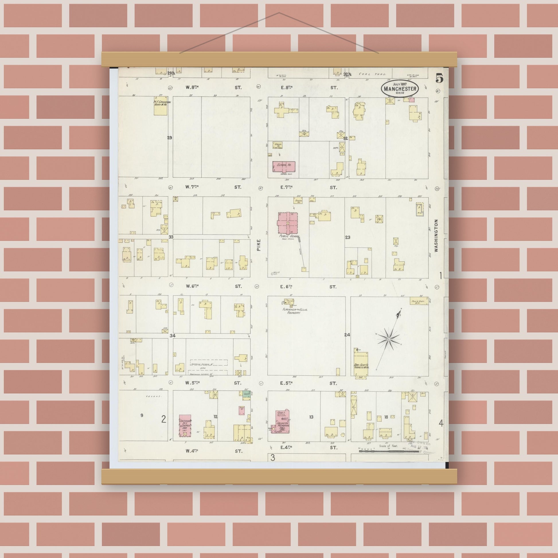 Old map wall art mockup — magnetic wood frame on brick wall — Sanborn Fire Insurance Map from Manchester, Adams County, Ohio (1897), Sheet #0005