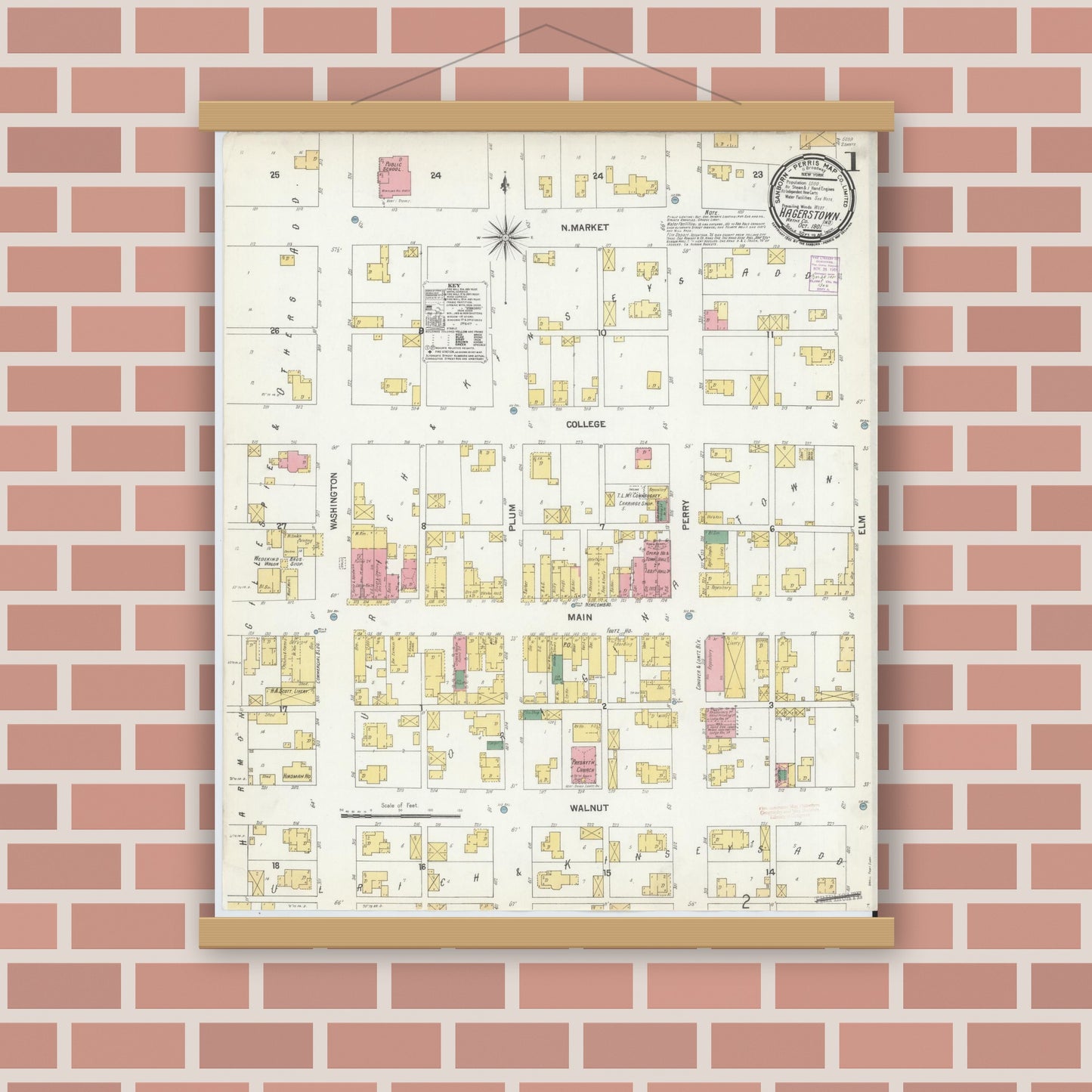 Old map wall art mockup — magnetic wood frame on brick wall — Sanborn Fire Insurance Map from Hagerstown, Wayne County, Indiana (1901) - Complete Map Set