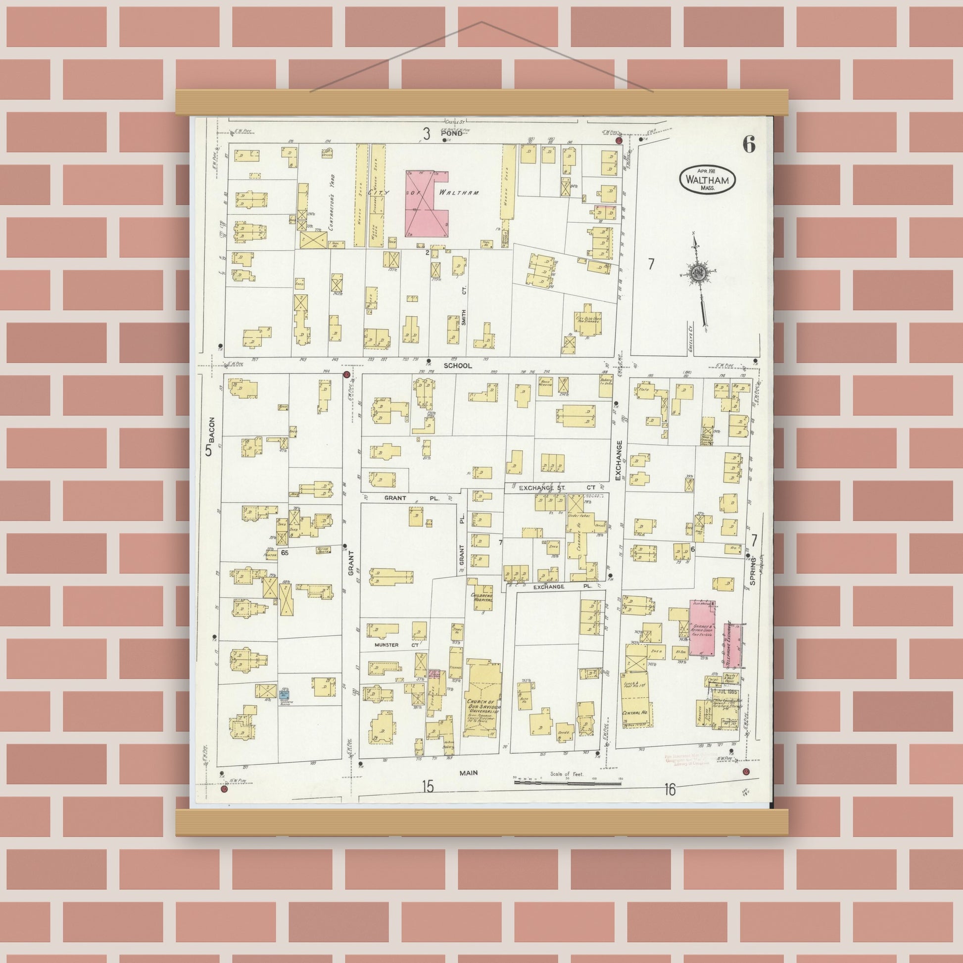 Old map wall art mockup — magnetic wood frame on brick wall — Sanborn Fire Insurance Map from Waltham, Middlesex County, Massachusetts (1911), Sheet #0006