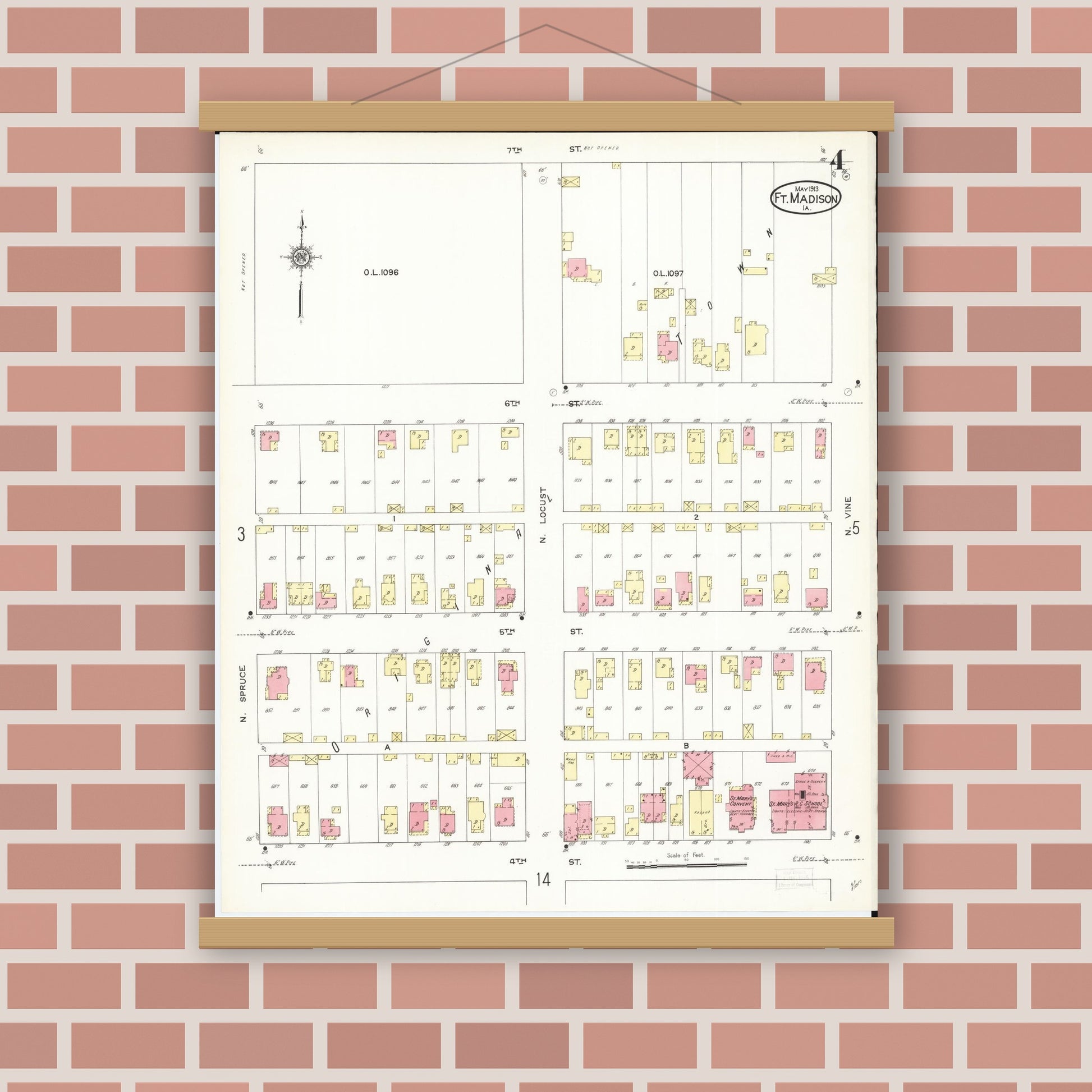 Old map wall art mockup — magnetic wood frame on brick wall — Sanborn Fire Insurance Map from Fort Madison, Lee County, Iowa (1913), Sheet #0004