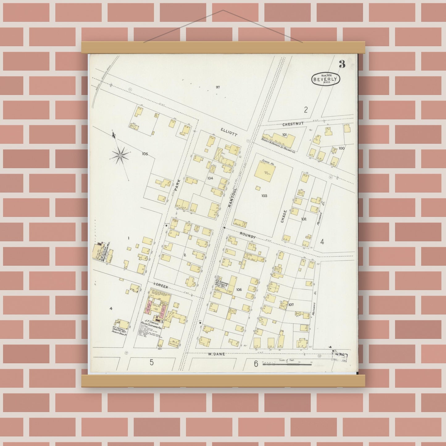 Old map wall art mockup — magnetic wood frame on brick wall — Sanborn Fire Insurance Map from Beverly, Essex County, Massachusetts (1896), Sheet #0003