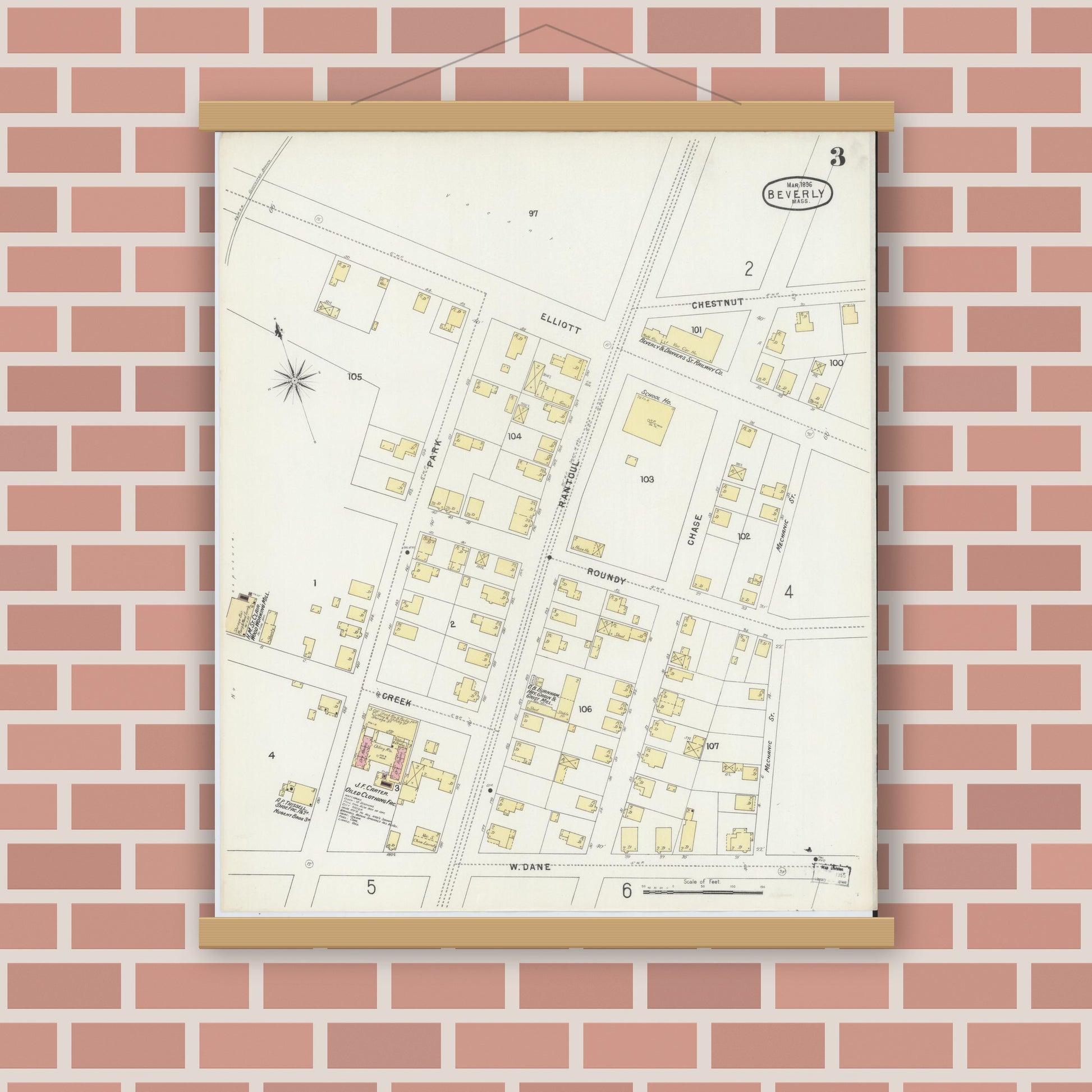 Old map wall art mockup — magnetic wood frame on brick wall — Sanborn Fire Insurance Map from Beverly, Essex County, Massachusetts (1896), Sheet #0003