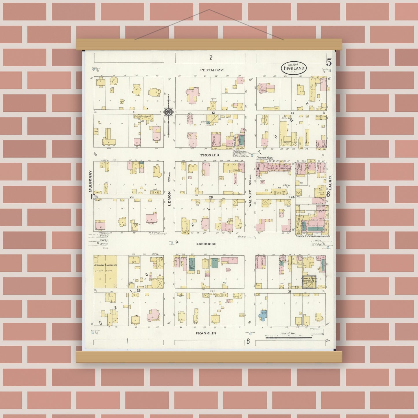 Old map wall art mockup — magnetic wood frame on brick wall — Sanborn Fire Insurance Map from Highland, Madison County, Illinois (1908), Sheet #0005