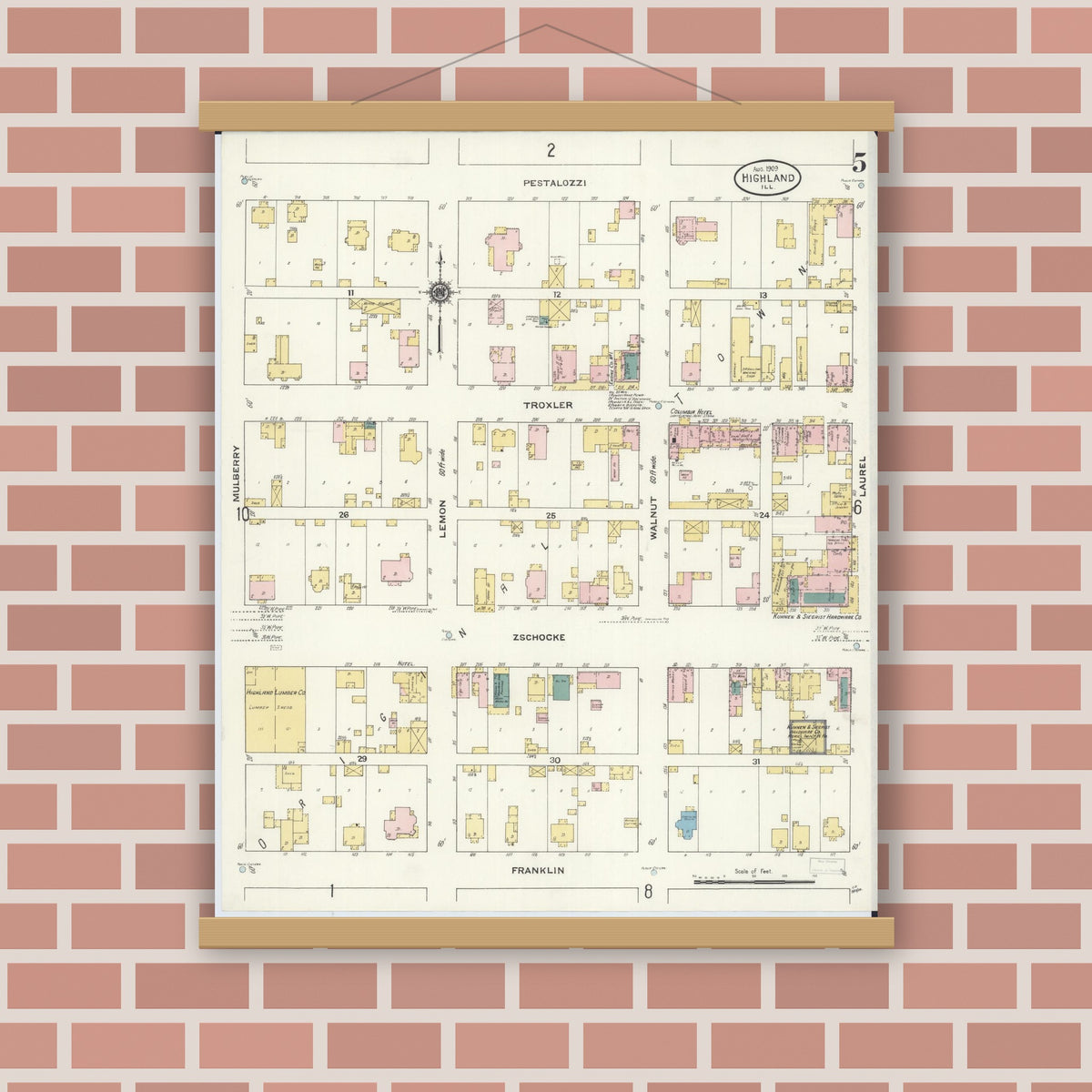 Old map wall art mockup — magnetic wood frame on brick wall — Sanborn Fire Insurance Map from Highland, Madison County, Illinois (1908), Sheet #0005