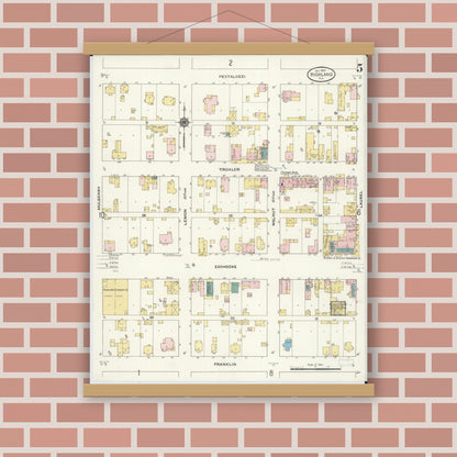 Old map wall art mockup — magnetic wood frame on brick wall — Sanborn Fire Insurance Map from Highland, Madison County, Illinois (1908), Sheet #0005