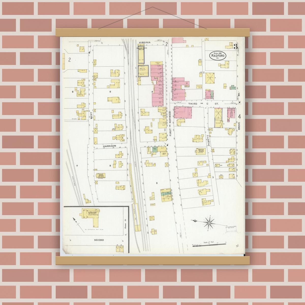 Old map wall art mockup — magnetic wood frame on brick wall — Sanborn Fire Insurance Map from Radford, Independent Cities, Virginia (1908), Sheet #0003