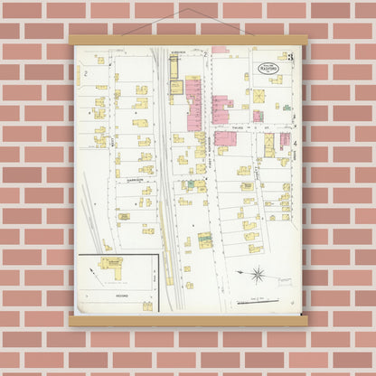 Old map wall art mockup — magnetic wood frame on brick wall — Sanborn Fire Insurance Map from Radford, Independent Cities, Virginia (1908), Sheet #0003
