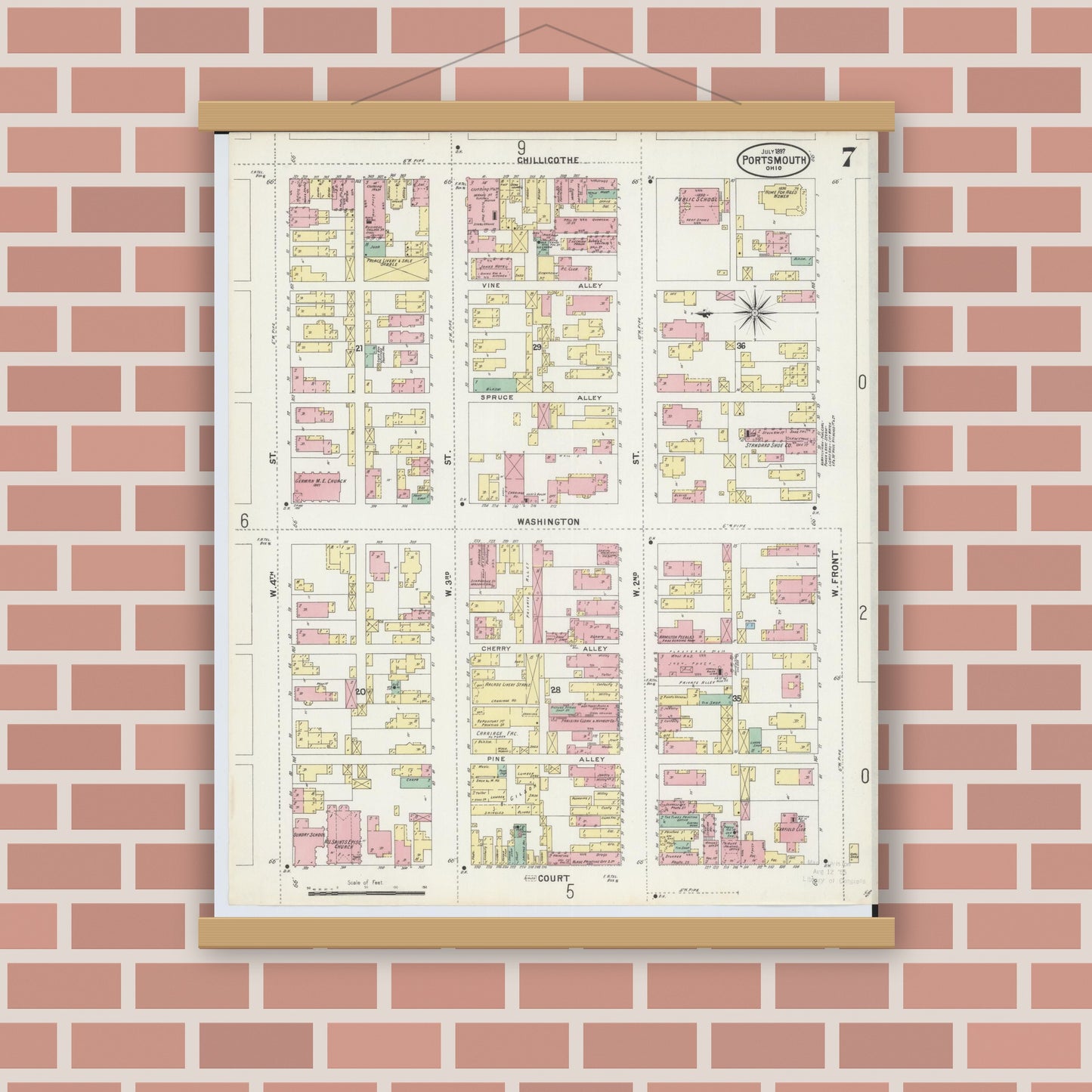 Old map wall art mockup — magnetic wood frame on brick wall — Sanborn Fire Insurance Map from Portsmouth, Scioto County, Ohio (1897), Sheet #0007