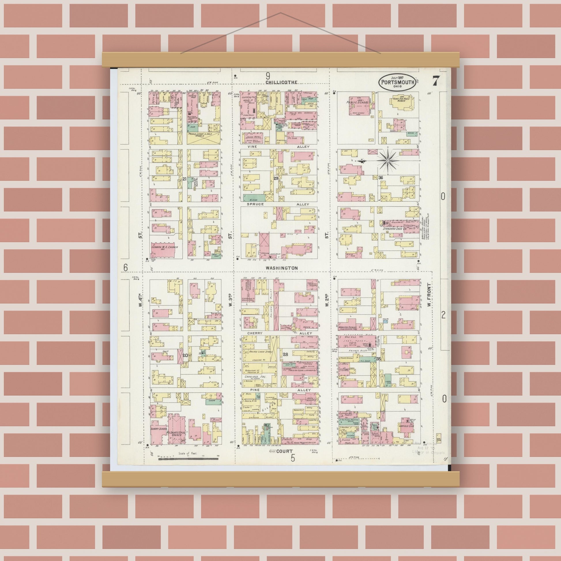 Old map wall art mockup — magnetic wood frame on brick wall — Sanborn Fire Insurance Map from Portsmouth, Scioto County, Ohio (1897), Sheet #0007