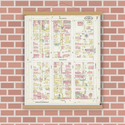 Old map wall art mockup — magnetic wood frame on brick wall — Sanborn Fire Insurance Map from Portsmouth, Scioto County, Ohio (1897), Sheet #0007