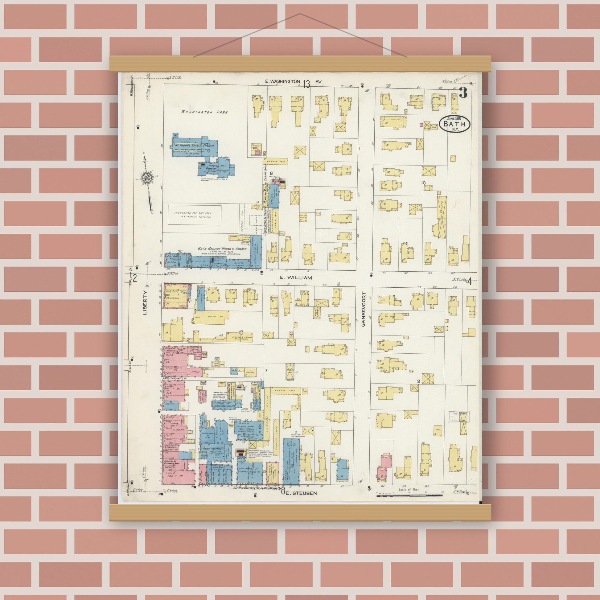 Old map wall art mockup — magnetic wood frame on brick wall — Sanborn Fire Insurance Map from Bath, Steuben County, New York (1915), Sheet #0003