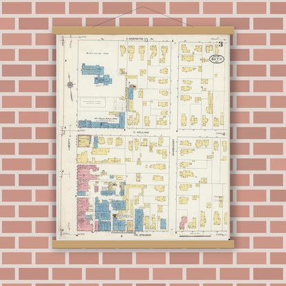 Old map wall art mockup — magnetic wood frame on brick wall — Sanborn Fire Insurance Map from Bath, Steuben County, New York (1915), Sheet #0003