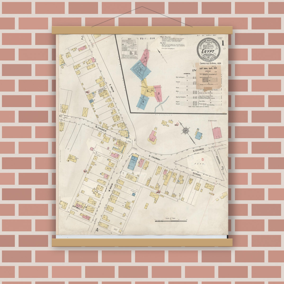 Old map wall art mockup — magnetic wood frame on brick wall — Sanborn Fire Insurance Map from Egypt, Lehigh County, Pennsylvania (1924), Sheet #0001