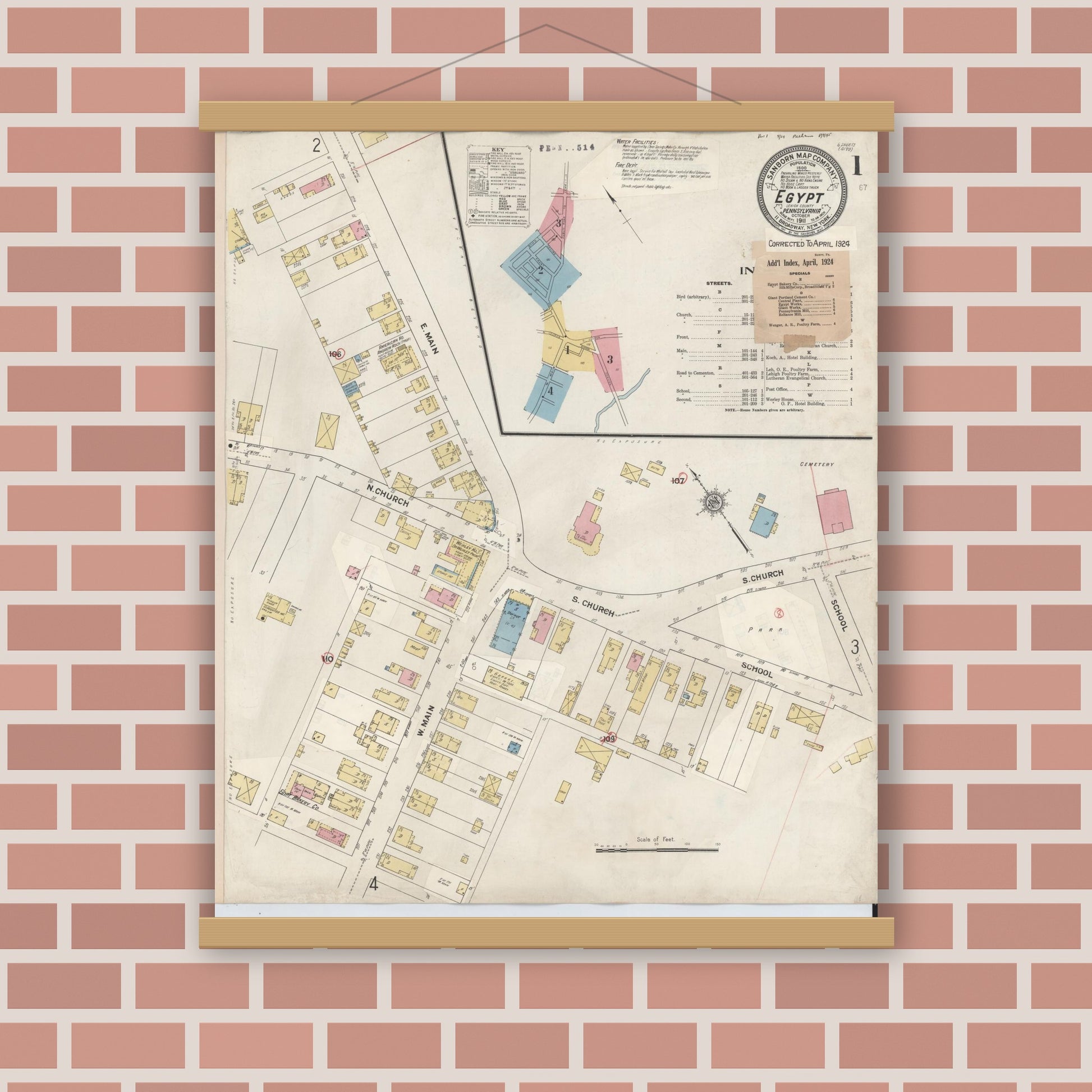 Old map wall art mockup — magnetic wood frame on brick wall — Sanborn Fire Insurance Map from Egypt, Lehigh County, Pennsylvania (1924), Sheet #0001