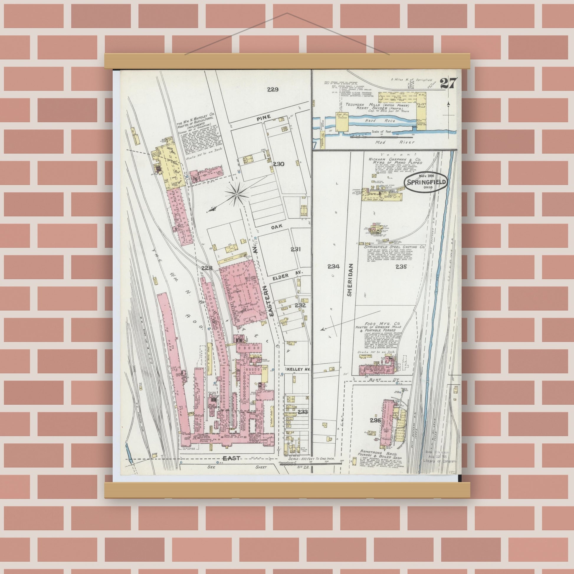 Old map wall art mockup — magnetic wood frame on brick wall — Sanborn Fire Insurance Map from Springfield, Clark County, Ohio (1891), Sheet #0027