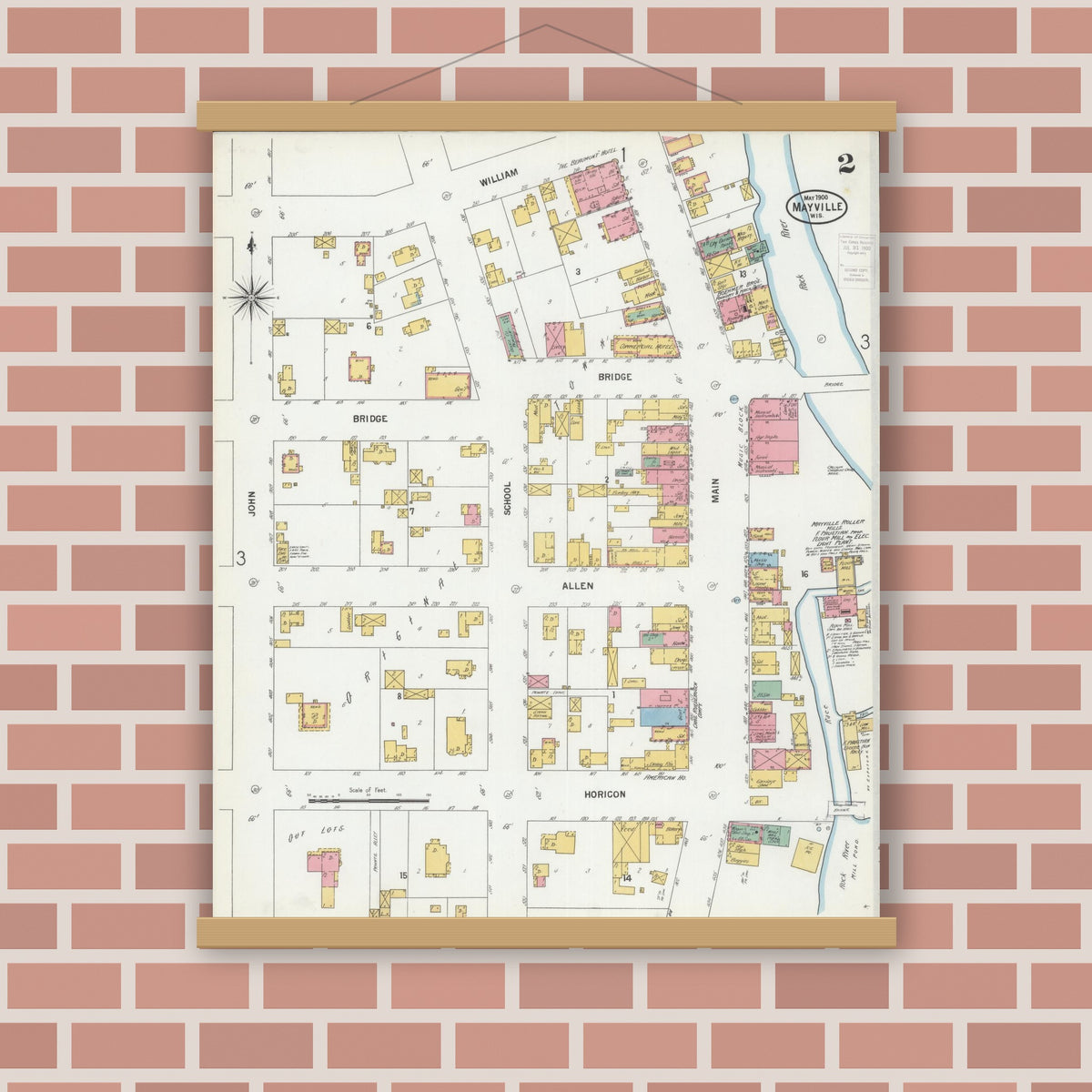 Old map wall art mockup — magnetic wood frame on brick wall — Sanborn Fire Insurance Map from Mayville, Dodge County, Wisconsin (1900), Sheet #0002