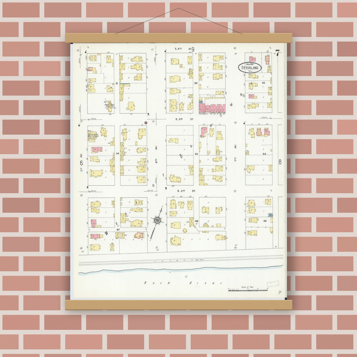 Old map wall art mockup — magnetic wood frame on brick wall — Sanborn Fire Insurance Map from Sterling, Whiteside County, Illinois (1910), Sheet #0007