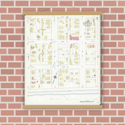 Old map wall art mockup — magnetic wood frame on brick wall — Sanborn Fire Insurance Map from Sterling, Whiteside County, Illinois (1910), Sheet #0007