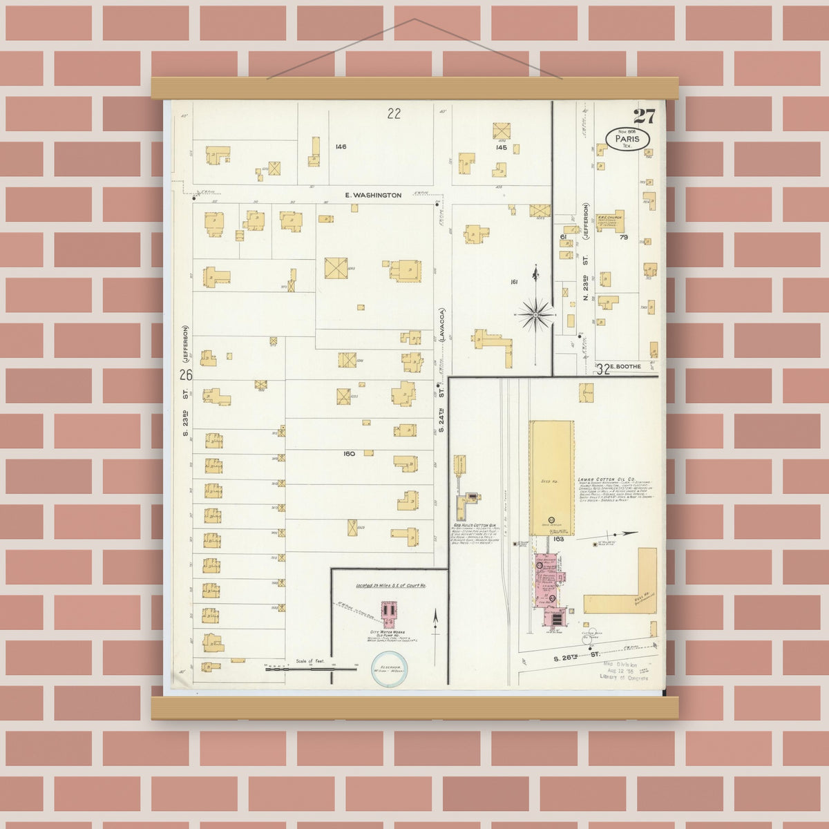 Old map wall art mockup — magnetic wood frame on brick wall — Sanborn Fire Insurance Map from Paris, Lamar County, Texas (1908), Sheet #0027