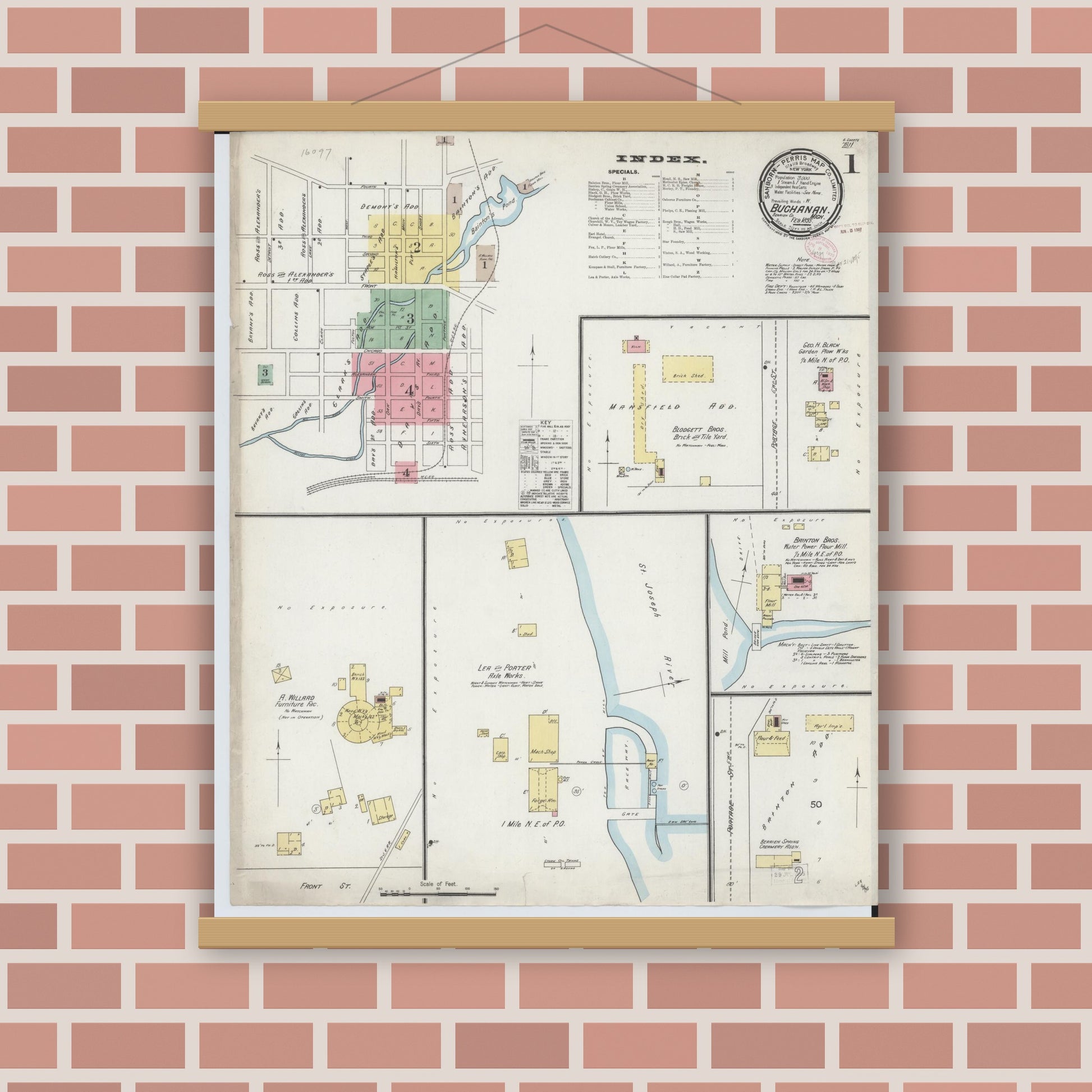Old map wall art mockup — magnetic wood frame on brick wall — Sanborn Fire Insurance Map from Buchanan, Berrien County, Michigan (1895), Sheet #0001
