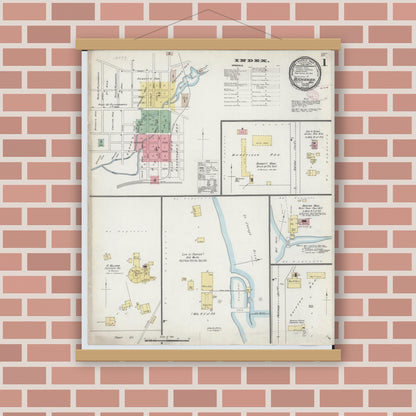 Old map wall art mockup — magnetic wood frame on brick wall — Sanborn Fire Insurance Map from Buchanan, Berrien County, Michigan (1895), Sheet #0001