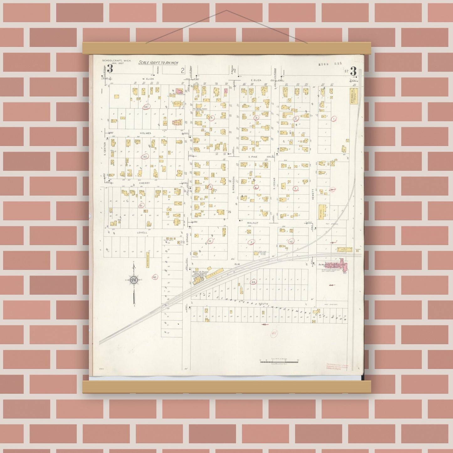 Old map wall art mockup — magnetic wood frame on brick wall — Sanborn Fire Insurance Map from Schoolcraft, Kalamazoo County, Michigan (1937), Sheet #0003